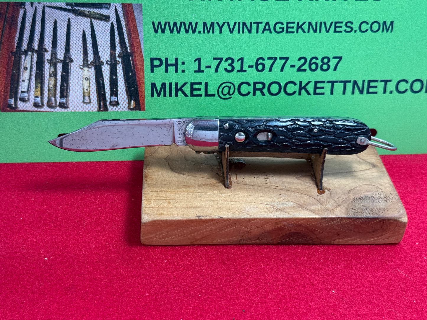 PRESTO GEO. SCHRADE BRIDGEPORT CONN. 1940-1956 MILITARY PARATROOPER VINTAGE AMERICAN AUTOMATIC KNIFE BLACK WORMED GROOVED COMPOSITION HANDLES