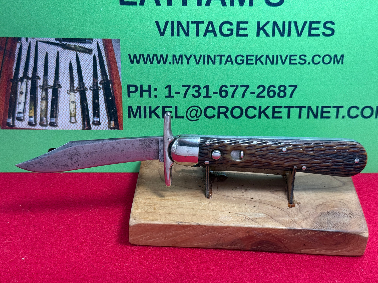 SCHRADE CUT CO. WALDEN N.Y 1916-46 SWING GUARD HUNTER 4 7/8" VINTAGE AMERICAN AUTOMATIC KNIFE BROWN JIGGED BONE HANDLES