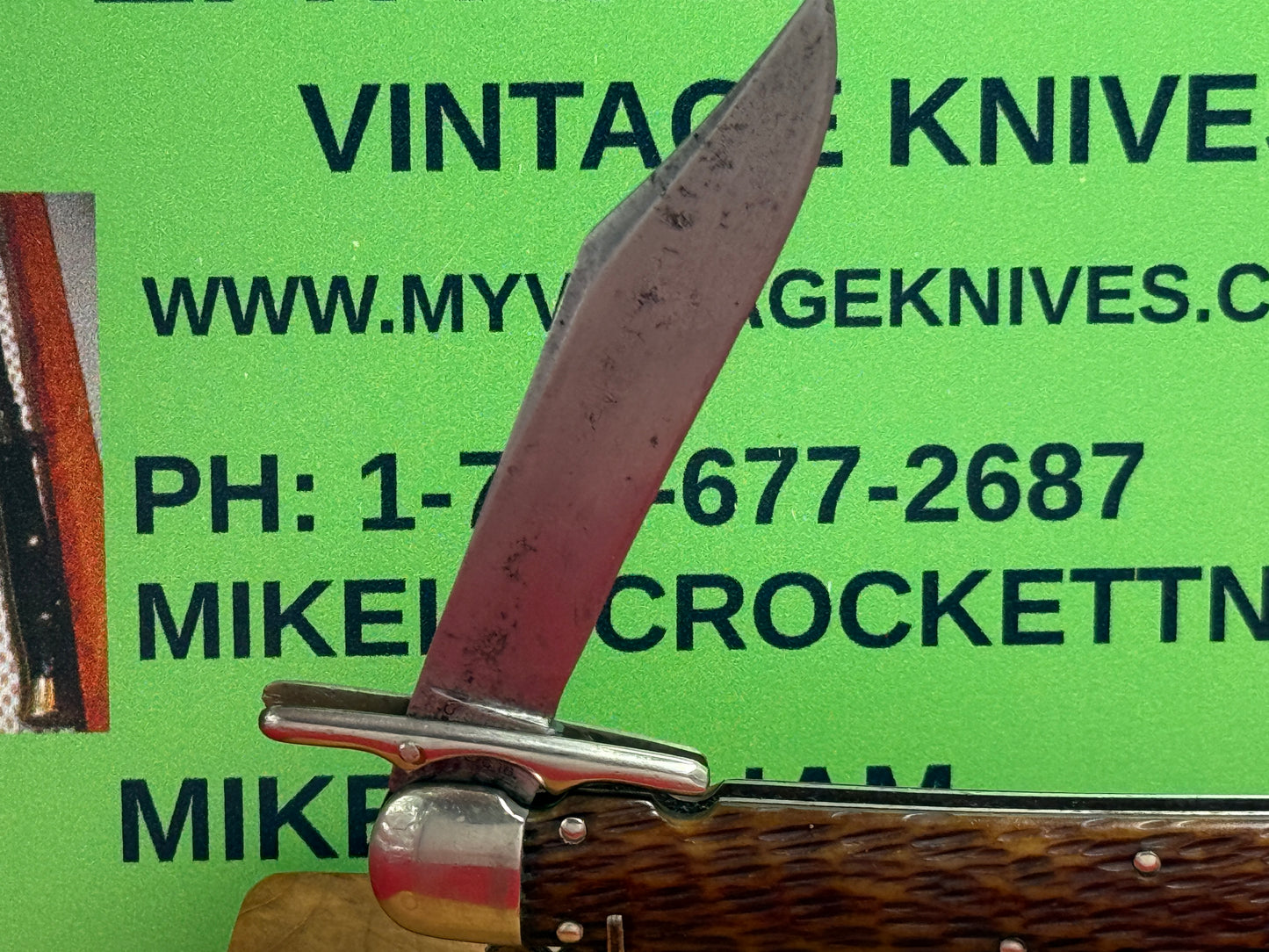 SCHRADE CUT CO. WALDEN N.Y 1916-46 SWING GUARD HUNTER 4 7/8" VINTAGE AMERICAN AUTOMATIC KNIFE BROWN JIGGED BONE HANDLES