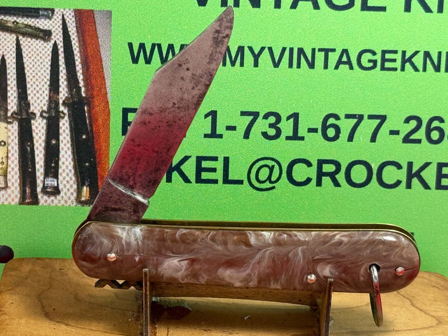 EDGEMASTER USA 1936-56 PARATROOPER STYLE VINTAGE AMERICAN AUTOMATIC KNIFE BROWN SWIRL COMPOSITION HANDLES