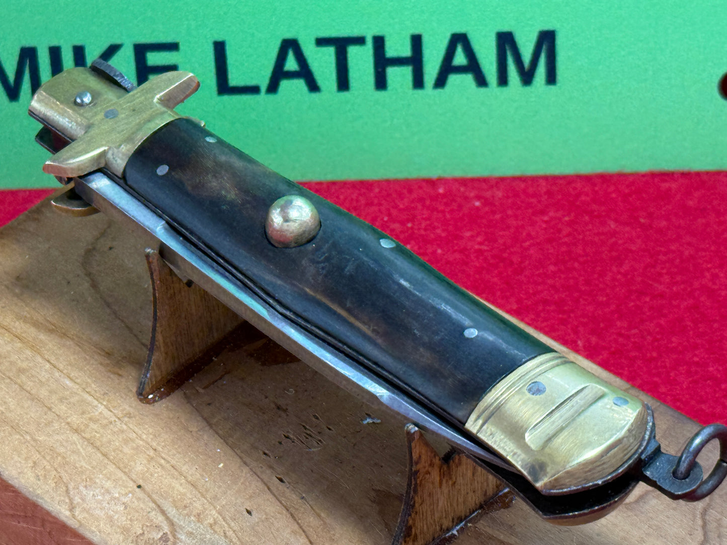 STERILE INDIA 1955-60 ITALIAN STYLE STILETTO BOLSTER RELEASE RARE BOLSTER SLIDE SAFETY HIDDEN RELEASE HEAVY DUTY MADE INDIA IMPORTED AUTOMATIC KNIFE BUFFALO HORN HANDLES
