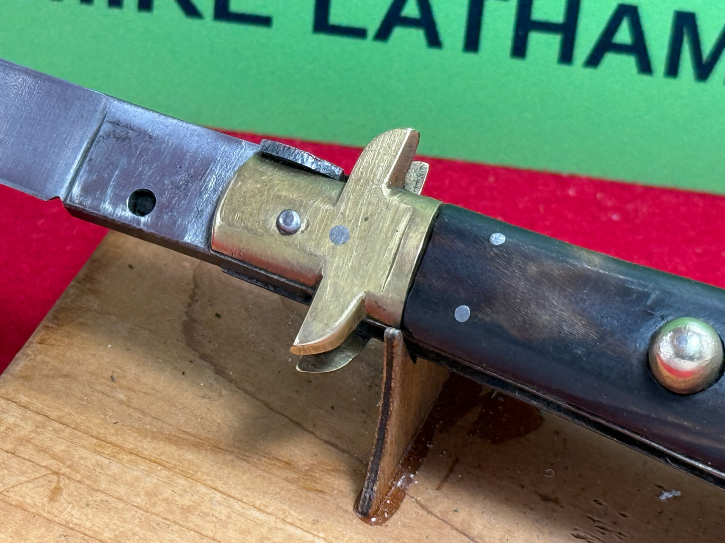 STERILE INDIA 1955-60 ITALIAN STYLE STILETTO BOLSTER RELEASE RARE BOLSTER SLIDE SAFETY HIDDEN RELEASE HEAVY DUTY MADE INDIA IMPORTED AUTOMATIC KNIFE BUFFALO HORN HANDLES
