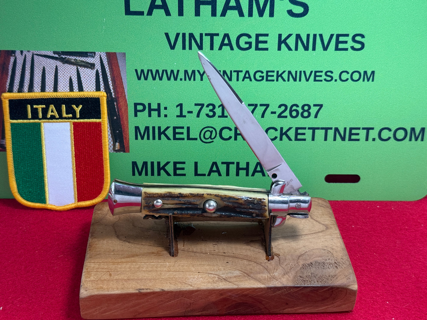 ROSTFREI ITALIAN 1965-69 SWIVEL BOLSTER STILETTO 20 CM ITALIAN AUTOMATIC KNIFE STAG HANDLES