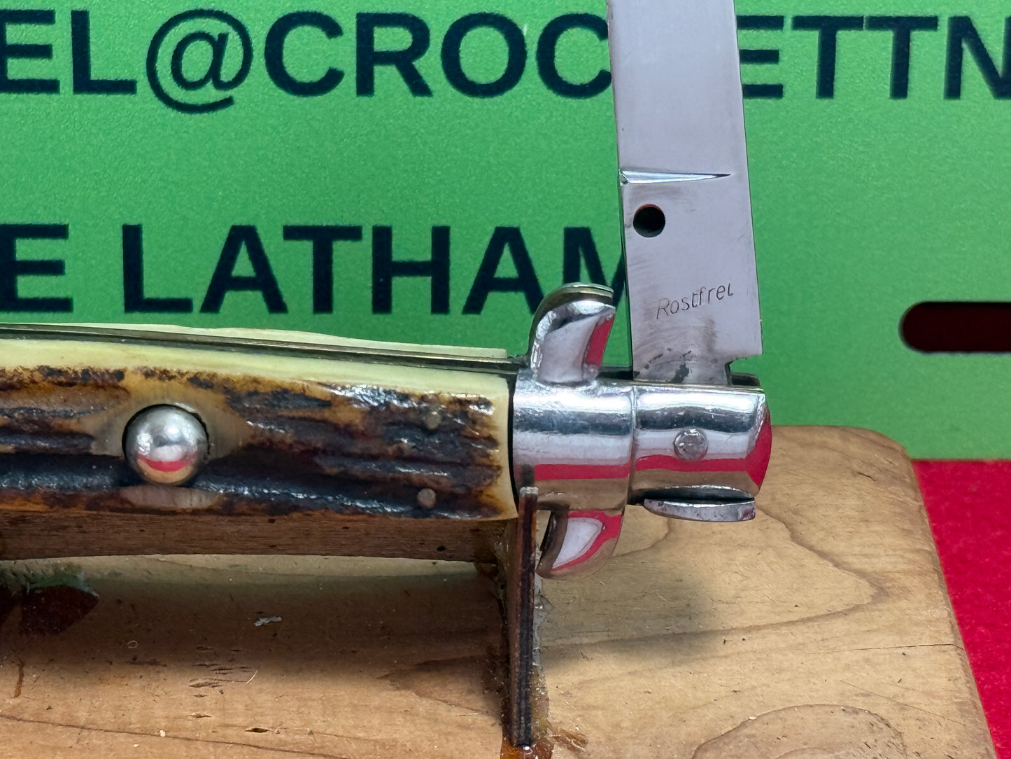 ROSTFREI ITALIAN 1965-69 SWIVEL BOLSTER STILETTO 20 CM ITALIAN AUTOMATIC KNIFE STAG HANDLES