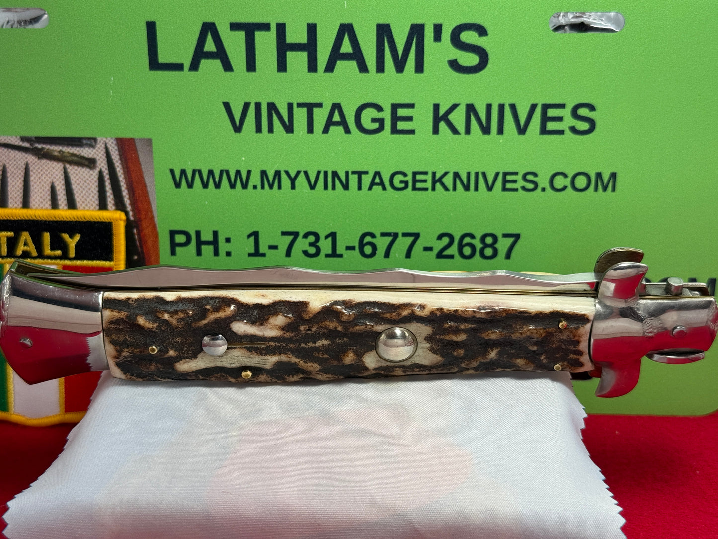 ROSTFREI ITALY 1968-78 SWIVEL BOLSTER STILETTO KRISS BLADE LARGE 38 CM ITALIAN AUTOMATIC KNIFE STAG HANDLES