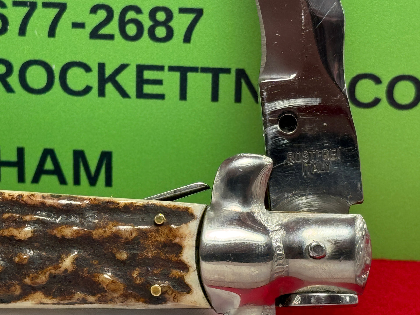 ROSTFREI ITALY 1968-78 SWIVEL BOLSTER STILETTO KRISS BLADE LARGE 38 CM ITALIAN AUTOMATIC KNIFE STAG HANDLES