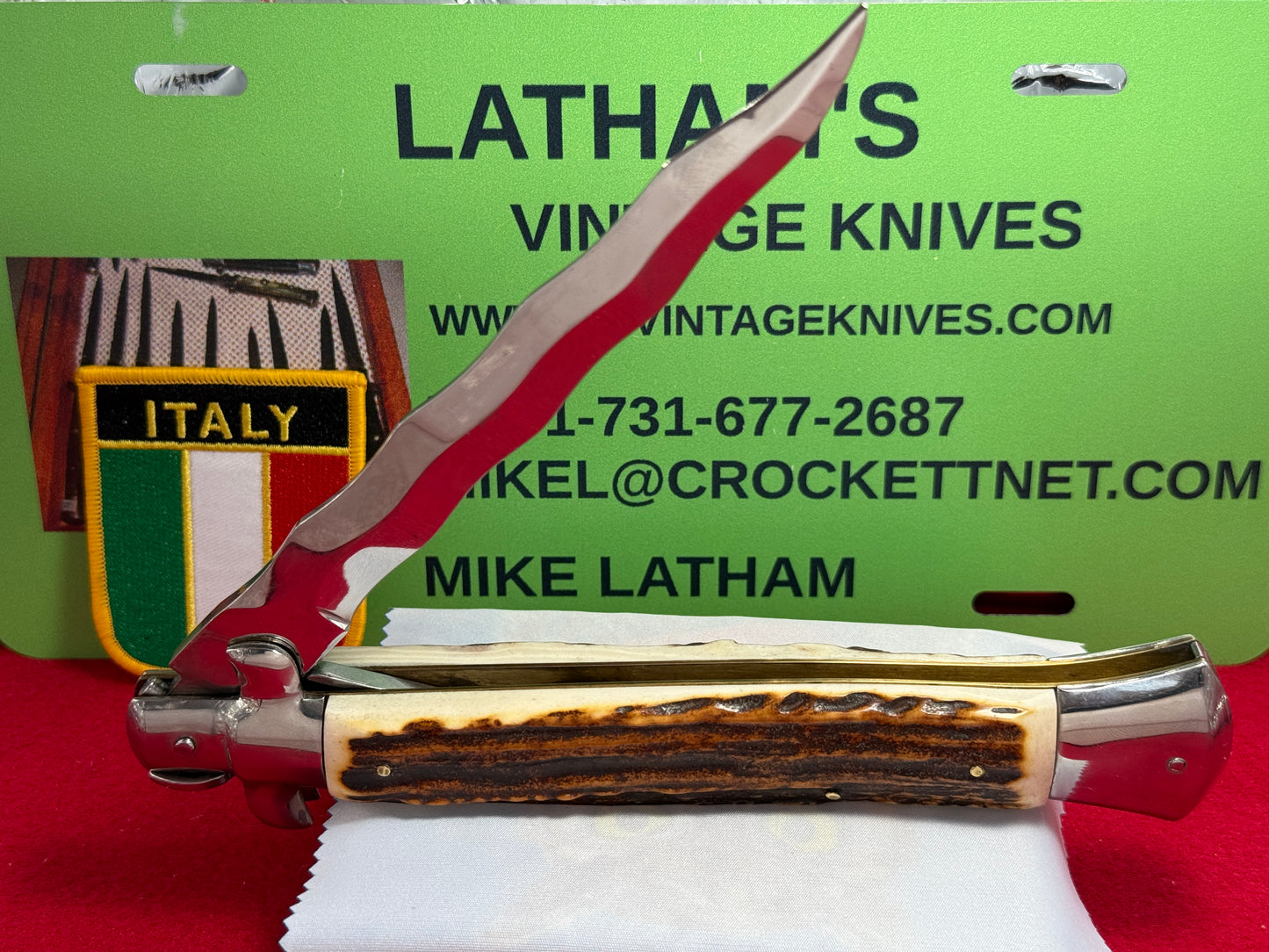 ROSTFREI ITALY 1968-78 SWIVEL BOLSTER STILETTO KRISS BLADE LARGE 38 CM ITALIAN AUTOMATIC KNIFE STAG HANDLES