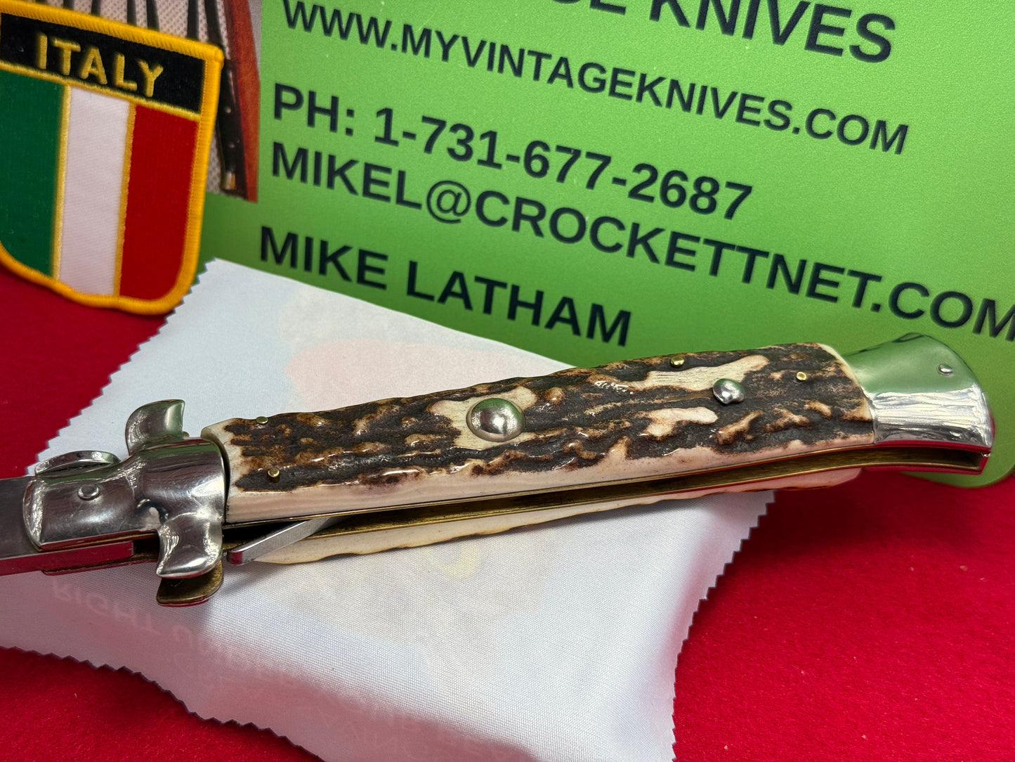 ROSTFREI ITALY 1968-78 SWIVEL BOLSTER STILETTO KRISS BLADE LARGE 38 CM ITALIAN AUTOMATIC KNIFE STAG HANDLES