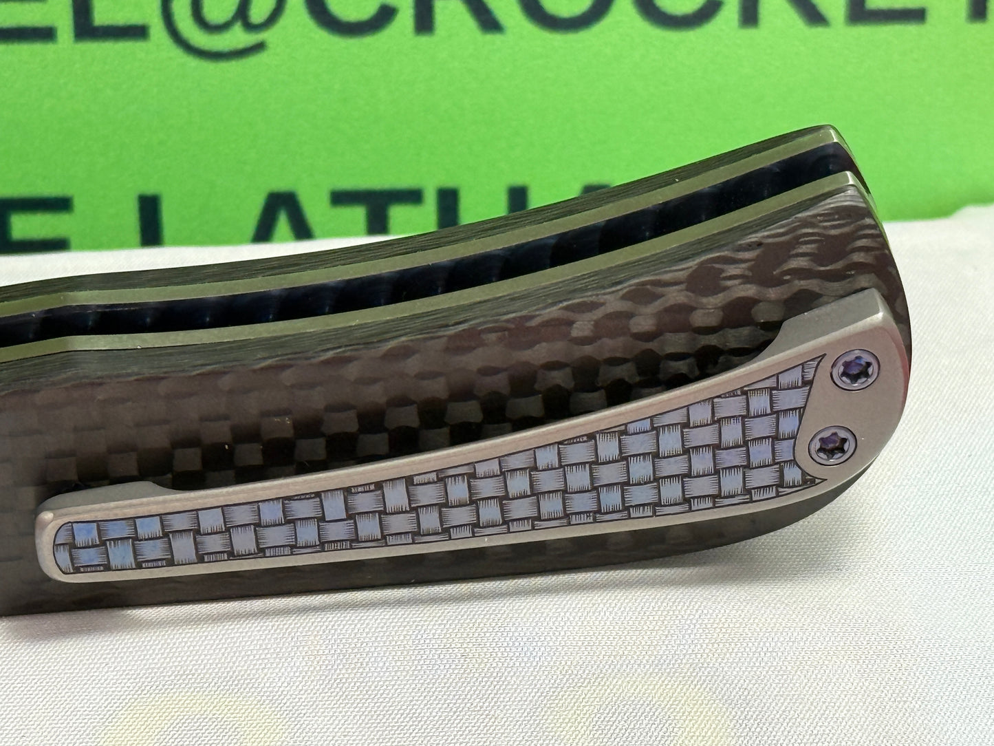 CHEW, LARRY CUSTOM 2023 D/A TRAPPER SHIELD RELEASE CUSTOM ARTWORK BY WILFRED "CHIP" VALTAKIS CUSTOM AUTOMATIC KNIFE CARBON FIBER HANDLES