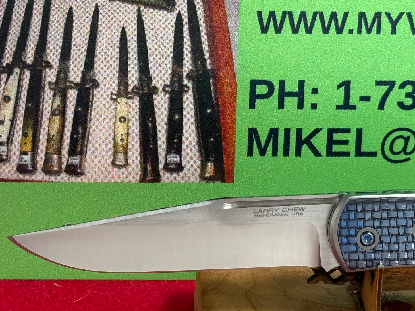 CHEW, LARRY CUSTOM 2023 D/A TRAPPER SHIELD RELEASE CUSTOM ARTWORK BY WILFRED "CHIP" VALTAKIS CUSTOM AUTOMATIC KNIFE CARBON FIBER HANDLES