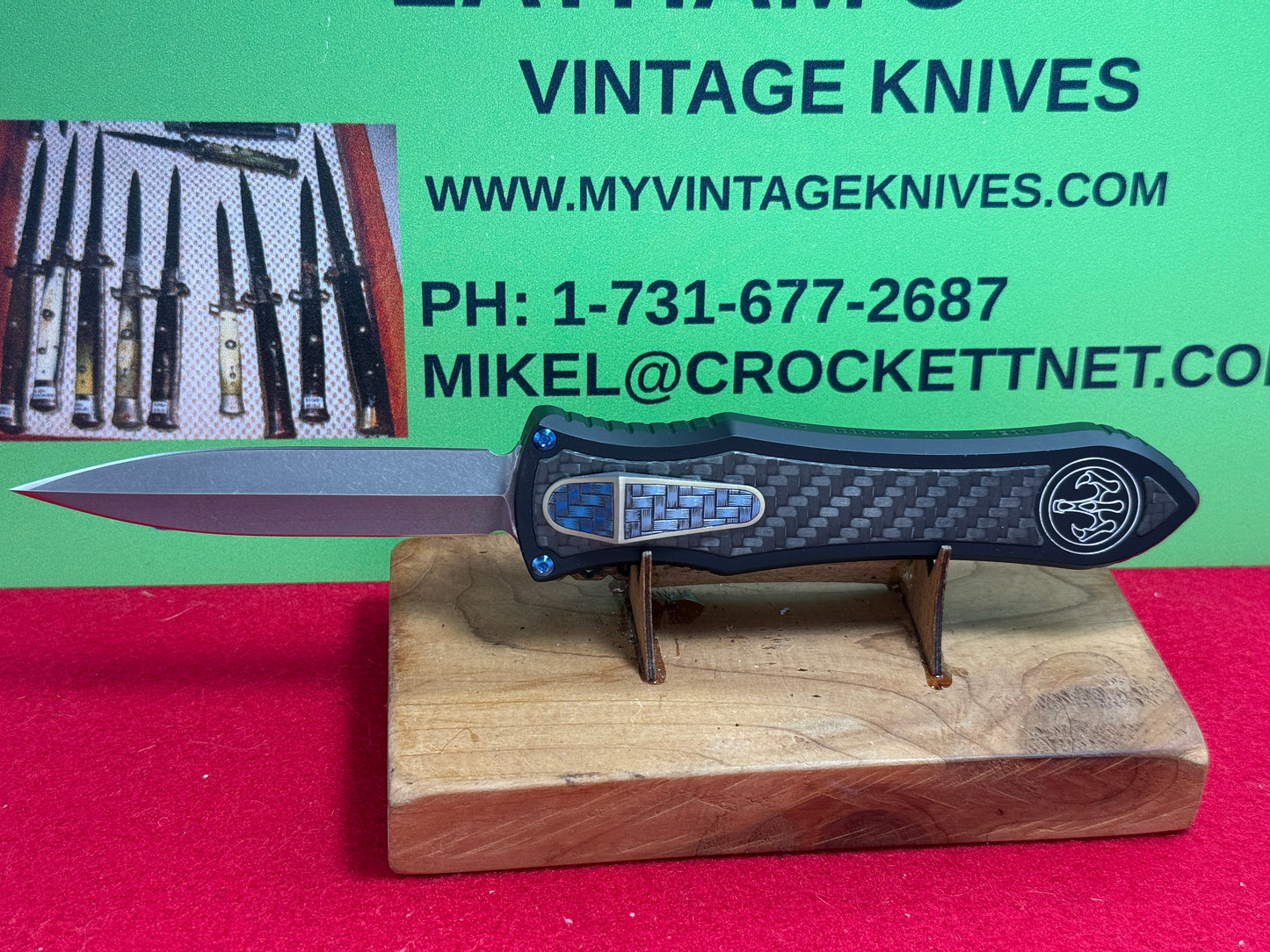 HAWK, G & G 2021 DEAD LOCK OTF MODEL "C" CUSTOM ARTWORK BY WILFRED "CHIP" VALTAKIS CHIPPED METAL CUSTOM AUTOMATIC KNIFE BLACK ALUMINUM HANDLES