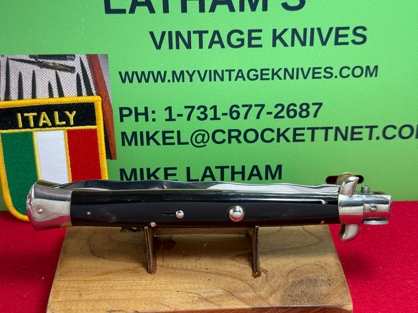 M. ITALY INOX IN CIRCLE 1962-65 TRANSISTION SWIVEL BOLSTER "D" STAMPED STILETTO 33 CM ITALIAN AUTOMATIC KNIFE 5 MM BACKSPRING KRISS BLADE BUFFALO HORN HANDLES