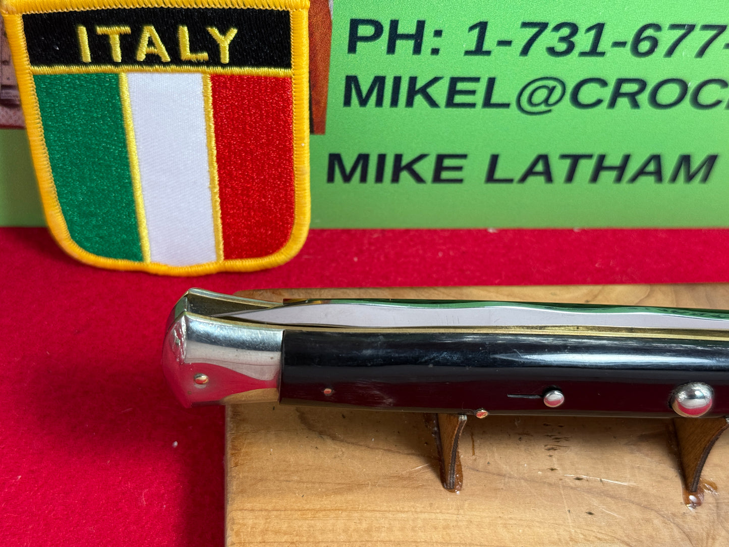 M. ITALY INOX IN CIRCLE 1962-65 TRANSISTION SWIVEL BOLSTER "D" STAMPED STILETTO 33 CM ITALIAN AUTOMATIC KNIFE 5 MM BACKSPRING KRISS BLADE BUFFALO HORN HANDLES