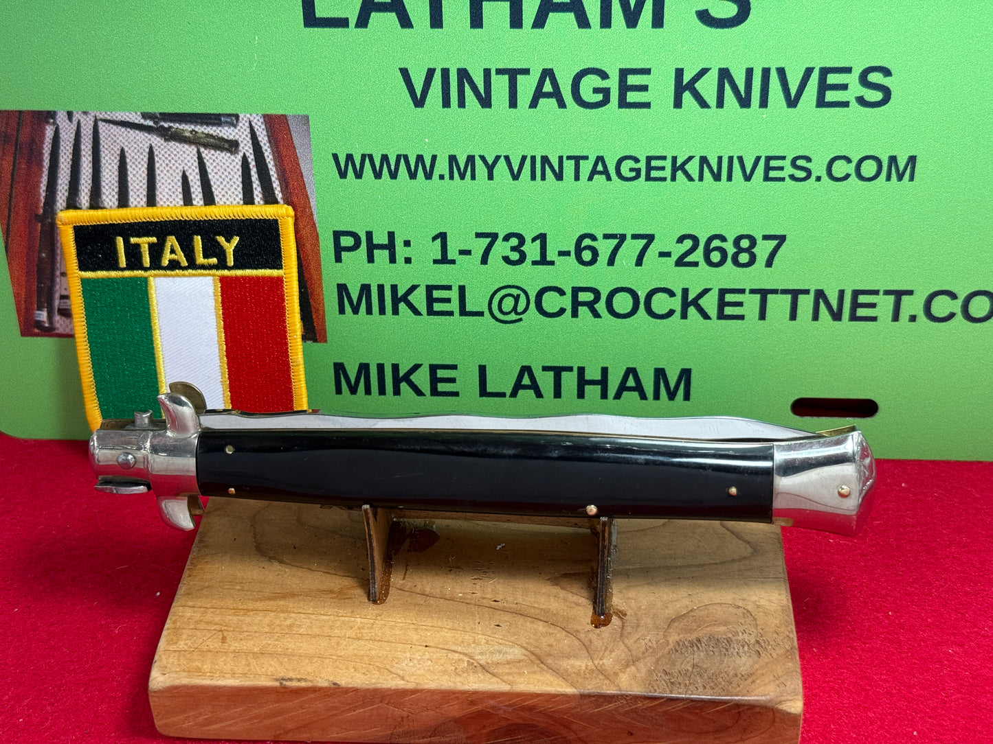 M. ITALY INOX IN CIRCLE 1962-65 TRANSISTION SWIVEL BOLSTER "D" STAMPED STILETTO 33 CM ITALIAN AUTOMATIC KNIFE 5 MM BACKSPRING KRISS BLADE BUFFALO HORN HANDLES