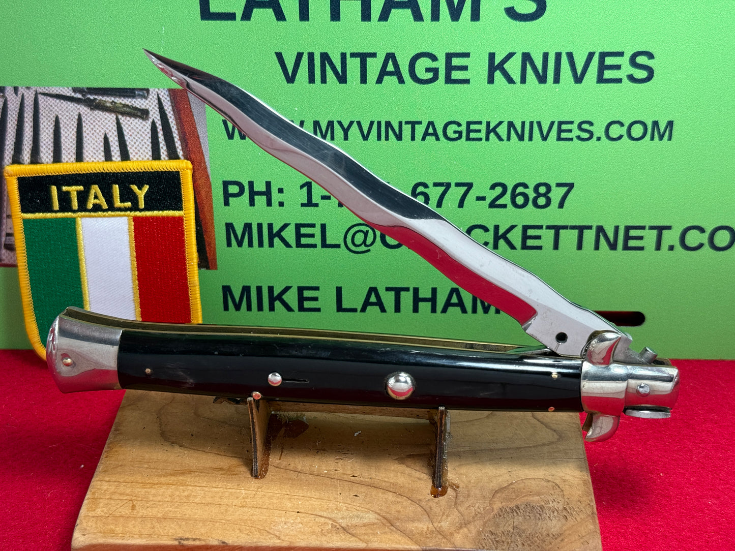 M. ITALY INOX IN CIRCLE 1962-65 TRANSISTION SWIVEL BOLSTER "D" STAMPED STILETTO 33 CM ITALIAN AUTOMATIC KNIFE 5 MM BACKSPRING KRISS BLADE BUFFALO HORN HANDLES