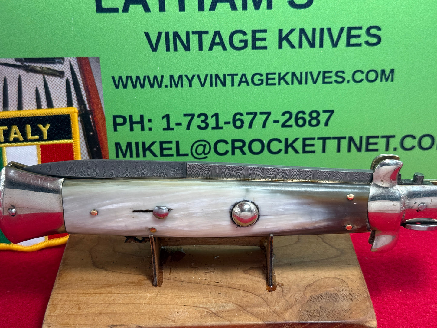 A.G.A. CAMPOLIN ITALY 2007-2009 SWIVEL BOLSTER STILETTO DAMACUS STEEL BLADE LARGE 38 CM ITALIAN AUTOMATIC KNIFE BRAZILIAN HORN HANDLES