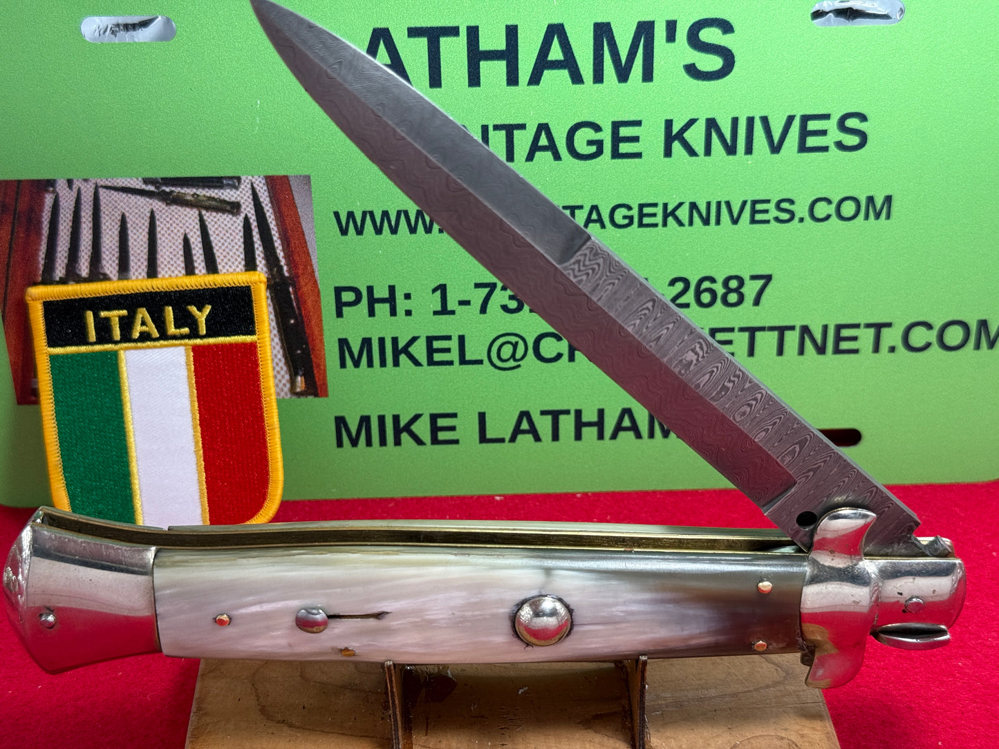 A.G.A. CAMPOLIN ITALY 2007-2009 SWIVEL BOLSTER STILETTO DAMACUS STEEL BLADE LARGE 38 CM ITALIAN AUTOMATIC KNIFE BRAZILIAN HORN HANDLES