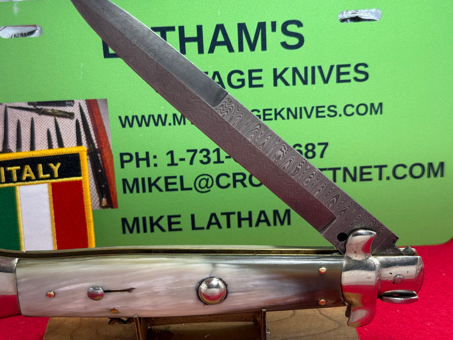 A.G.A. CAMPOLIN ITALY 2007-2009 SWIVEL BOLSTER STILETTO DAMACUS STEEL BLADE LARGE 38 CM ITALIAN AUTOMATIC KNIFE BRAZILIAN HORN HANDLES