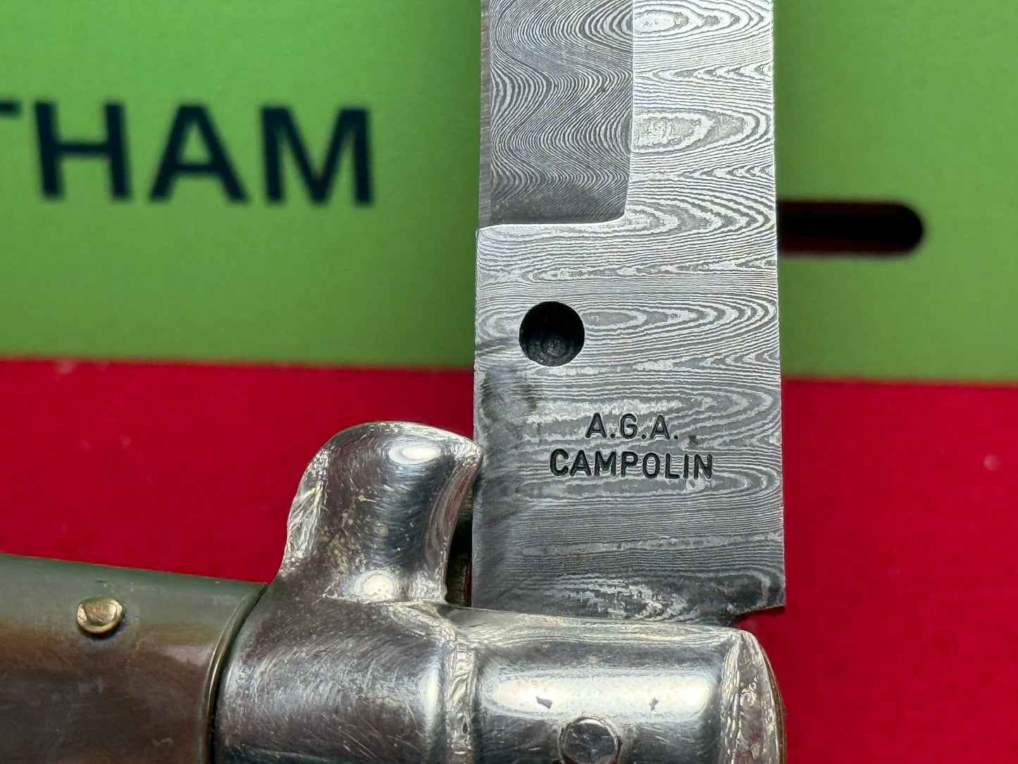 A.G.A. CAMPOLIN ITALY 2007-2009 SWIVEL BOLSTER STILETTO DAMACUS STEEL BLADE LARGE 38 CM ITALIAN AUTOMATIC KNIFE BRAZILIAN HORN HANDLES