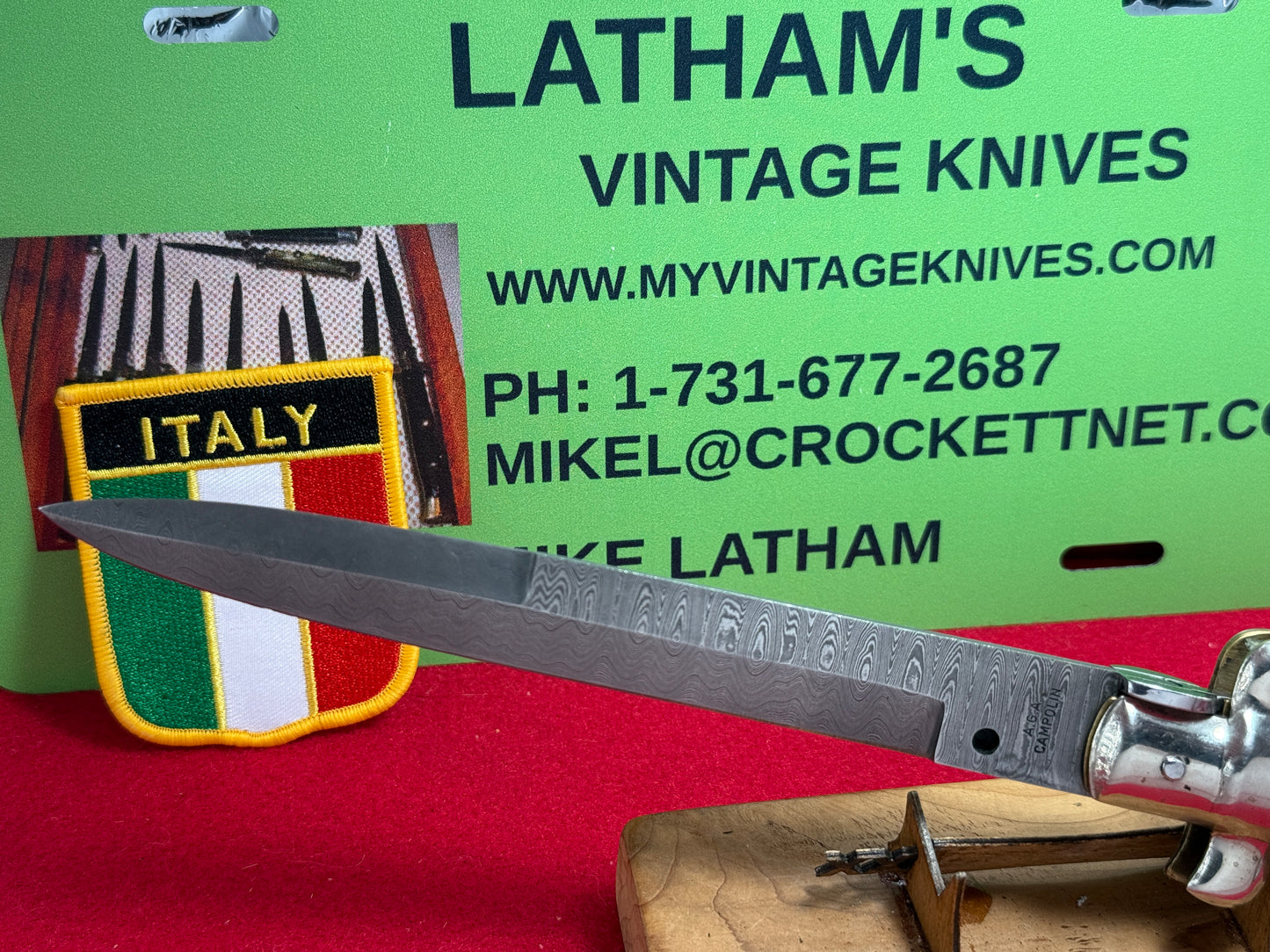 A.G.A. CAMPOLIN ITALY 2007-2009 SWIVEL BOLSTER STILETTO DAMACUS STEEL BLADE LARGE 38 CM ITALIAN AUTOMATIC KNIFE BRAZILIAN HORN HANDLES