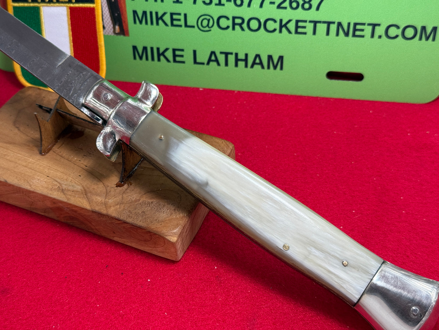 A.G.A. CAMPOLIN ITALY 2007-2009 SWIVEL BOLSTER STILETTO DAMACUS STEEL BLADE LARGE 38 CM ITALIAN AUTOMATIC KNIFE BRAZILIAN HORN HANDLES
