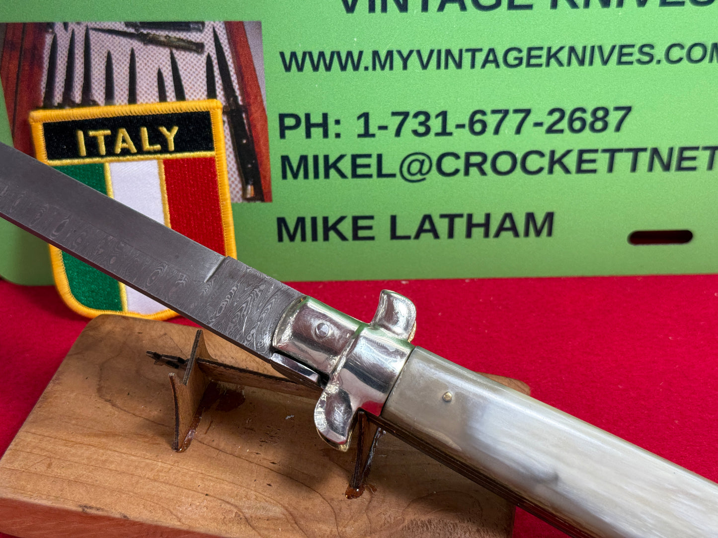 A.G.A. CAMPOLIN ITALY 2007-2009 SWIVEL BOLSTER STILETTO DAMACUS STEEL BLADE LARGE 38 CM ITALIAN AUTOMATIC KNIFE BRAZILIAN HORN HANDLES