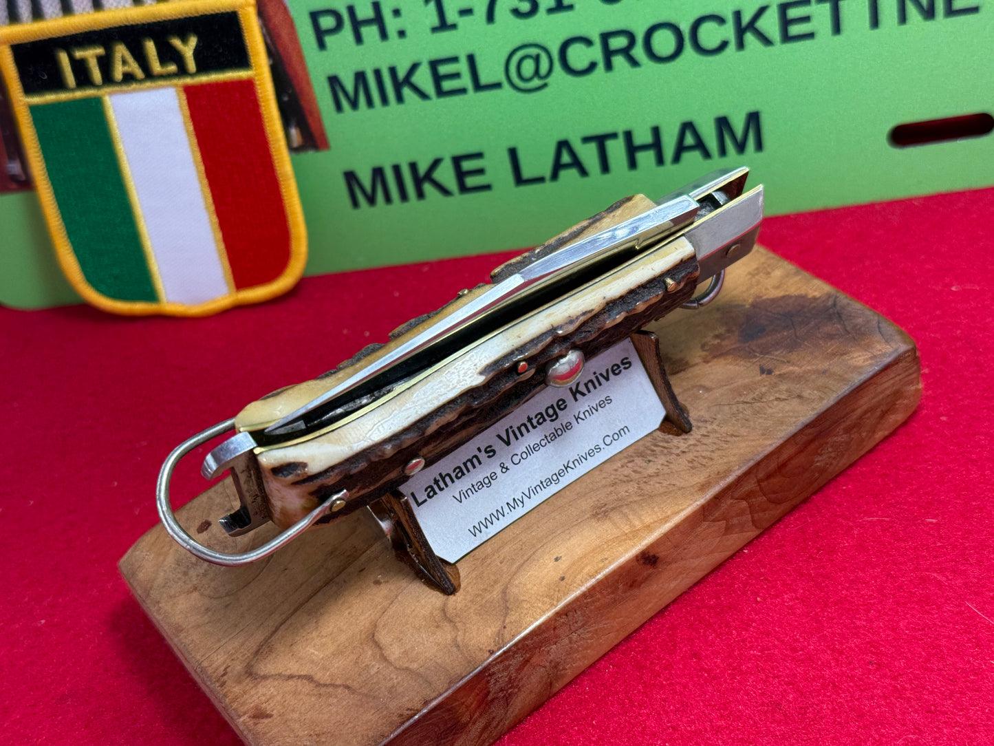 PREZIOSO ROMA ITALIAN 1962-68 RING PULL HUNTER SHELL PULLER ITALIAN AUTOMATIC KNIFE STAG HANDLES