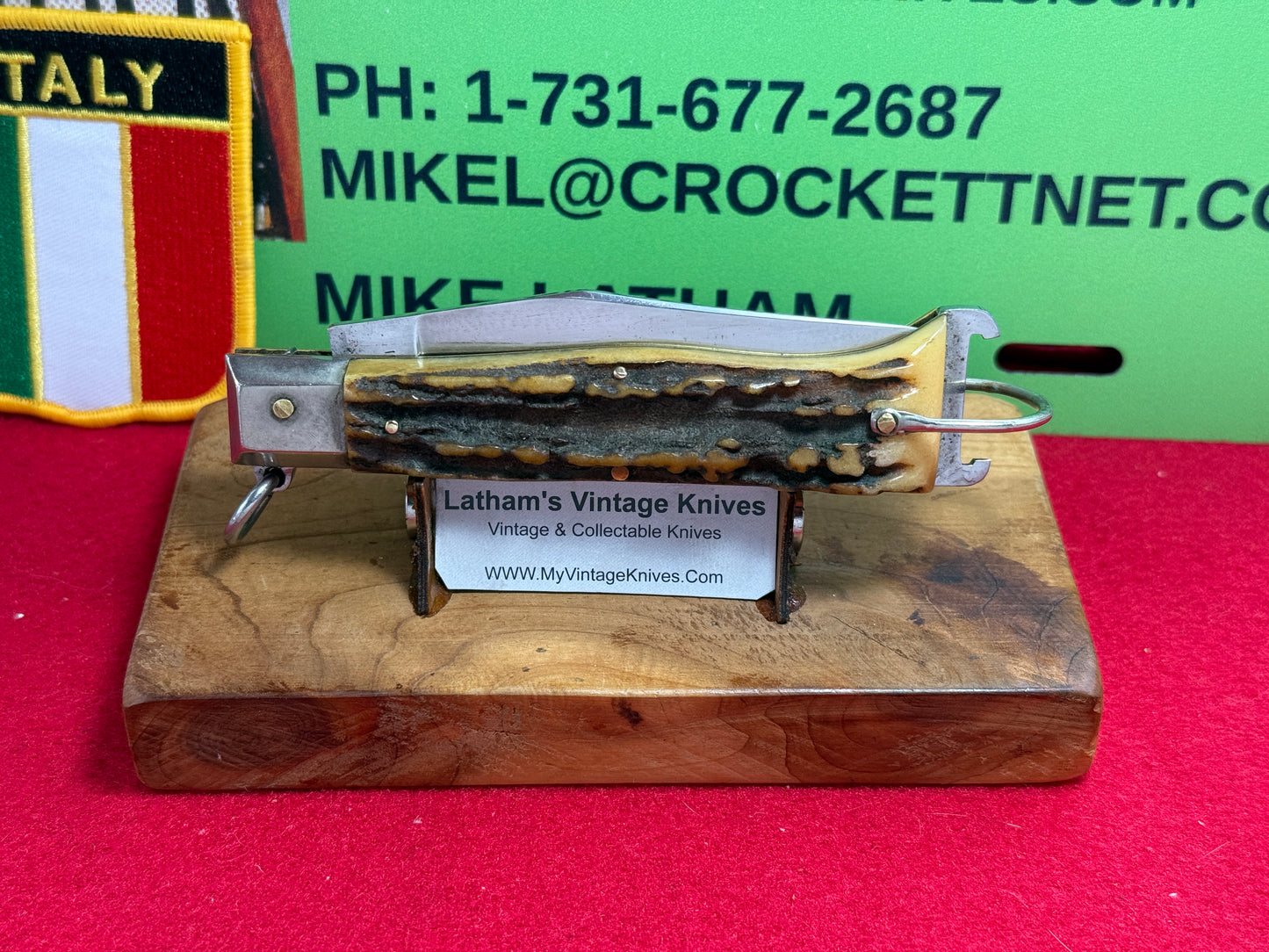 PREZIOSO ROMA ITALIAN 1962-68 RING PULL HUNTER SHELL PULLER ITALIAN AUTOMATIC KNIFE STAG HANDLES