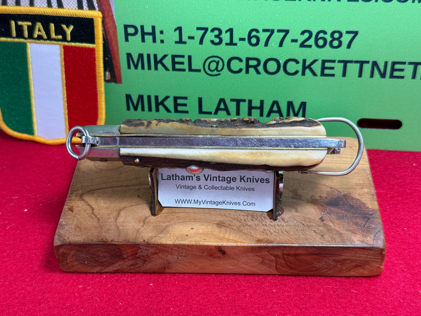 PREZIOSO ROMA ITALIAN 1962-68 RING PULL HUNTER SHELL PULLER ITALIAN AUTOMATIC KNIFE STAG HANDLES
