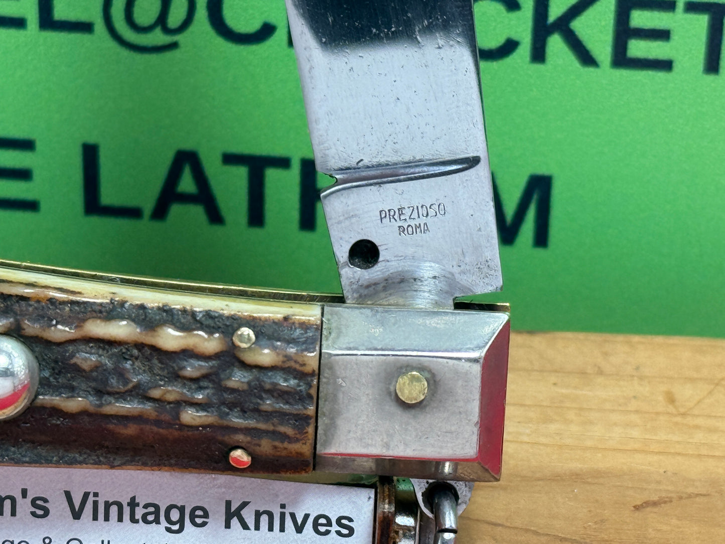 PREZIOSO ROMA ITALIAN 1962-68 RING PULL HUNTER SHELL PULLER ITALIAN AUTOMATIC KNIFE STAG HANDLES