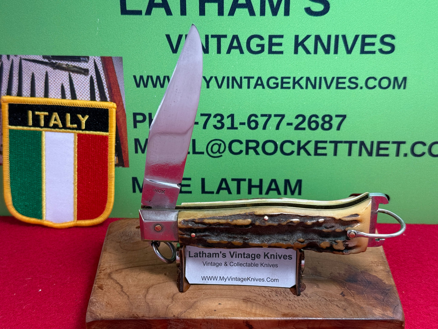 PREZIOSO ROMA ITALIAN 1962-68 RING PULL HUNTER SHELL PULLER ITALIAN AUTOMATIC KNIFE STAG HANDLES