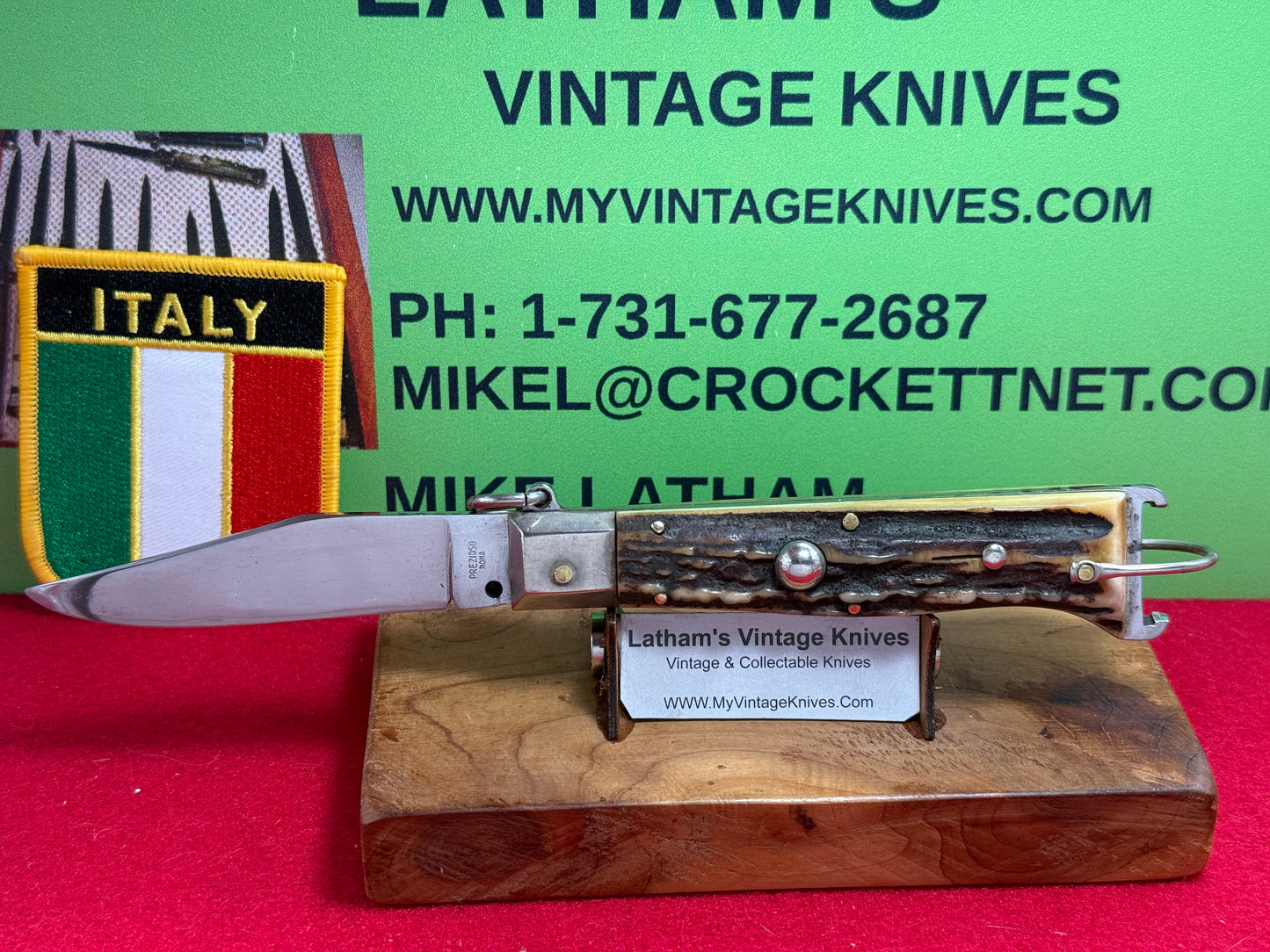 PREZIOSO ROMA ITALIAN 1962-68 RING PULL HUNTER SHELL PULLER ITALIAN AUTOMATIC KNIFE STAG HANDLES