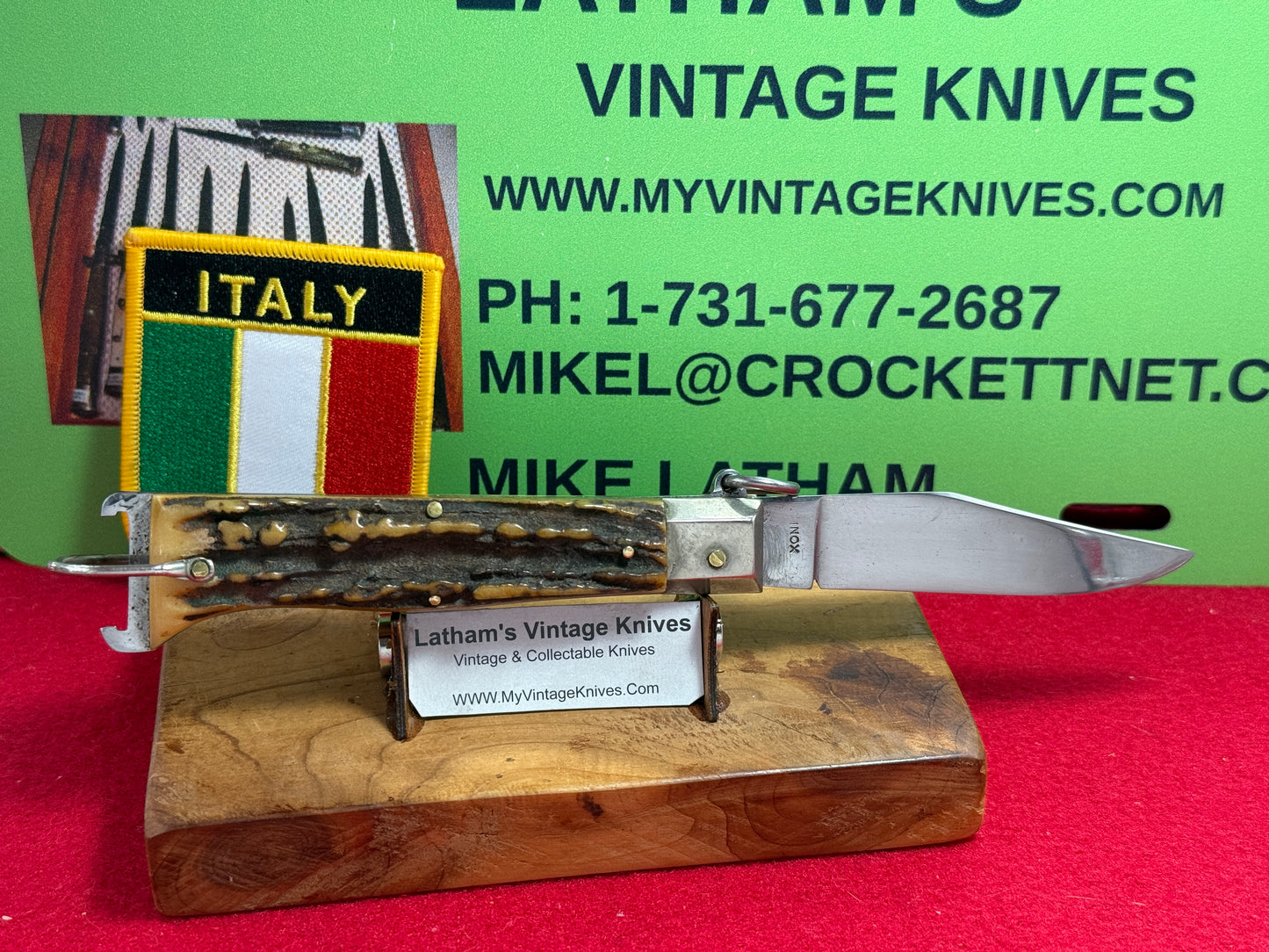 PREZIOSO ROMA ITALIAN 1962-68 RING PULL HUNTER SHELL PULLER ITALIAN AUTOMATIC KNIFE STAG HANDLES