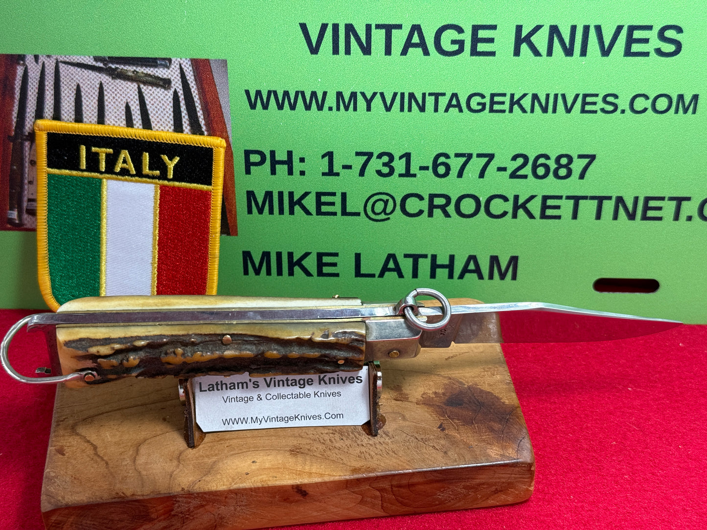 PREZIOSO ROMA ITALIAN 1962-68 RING PULL HUNTER SHELL PULLER ITALIAN AUTOMATIC KNIFE STAG HANDLES