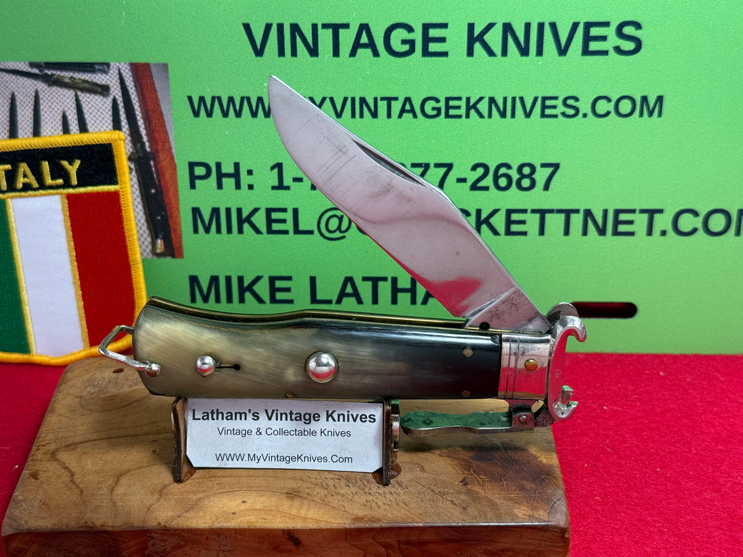 STERILE ITALIAN 1948-56 HUNTER FULCRUM RELEASE BAR SHELL PULLER ITALIAN AUTOMATIC KNIFE BUFFALO HORN HANDLES