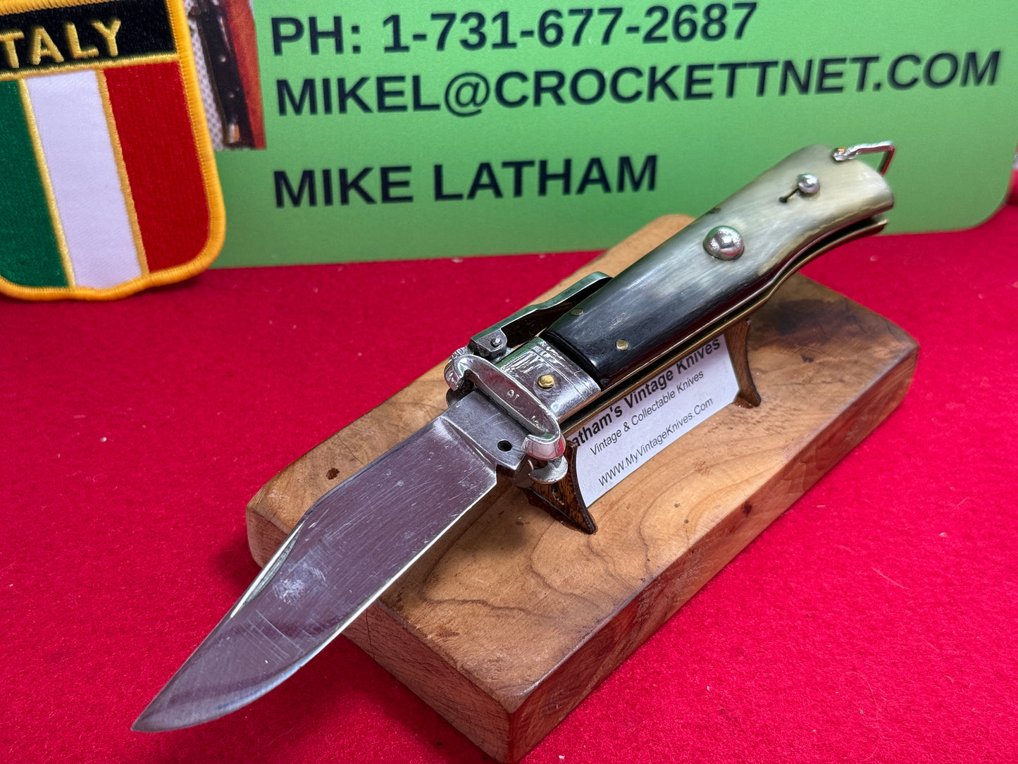STERILE ITALIAN 1948-56 HUNTER FULCRUM RELEASE BAR SHELL PULLER ITALIAN AUTOMATIC KNIFE BUFFALO HORN HANDLES