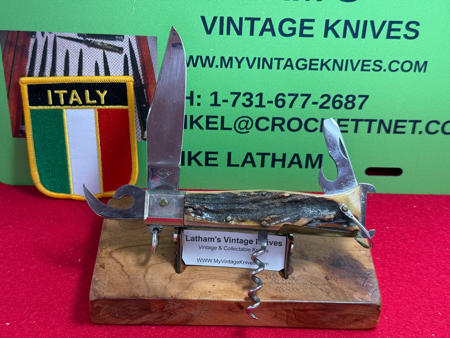 INOX DIAMOND ITALY 1965-68 RING PULL CAMPER WITH SHELL PULLER ITALIAN AUTOMATIC KNIFE STAG HANDLES