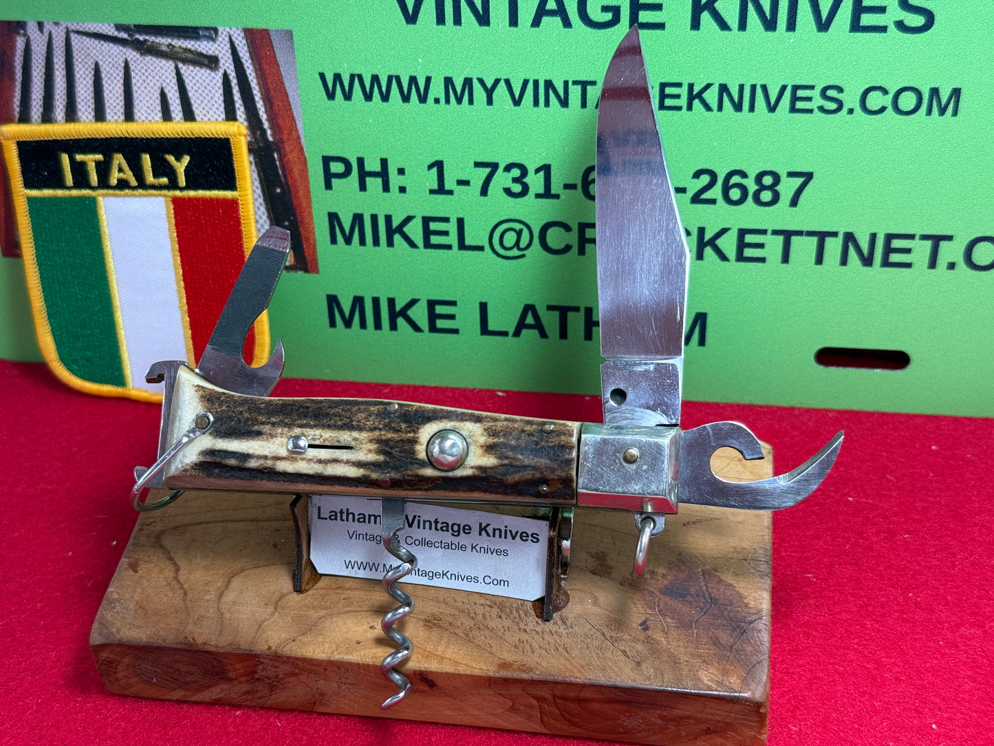 INOX DIAMOND ITALY 1965-68 RING PULL CAMPER WITH SHELL PULLER ITALIAN AUTOMATIC KNIFE STAG HANDLES