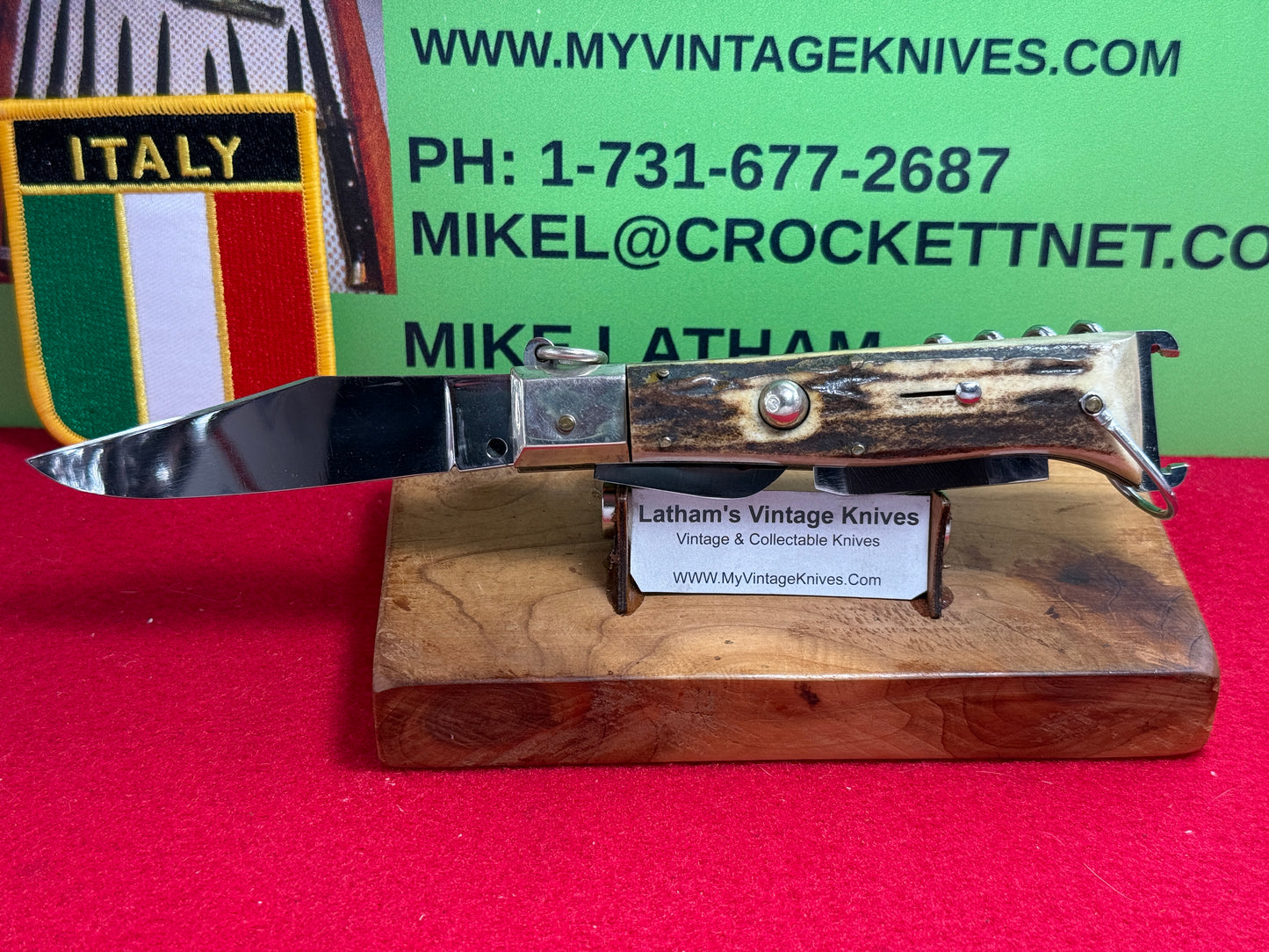 INOX DIAMOND ITALY 1965-68 RING PULL CAMPER WITH SHELL PULLER ITALIAN AUTOMATIC KNIFE STAG HANDLES