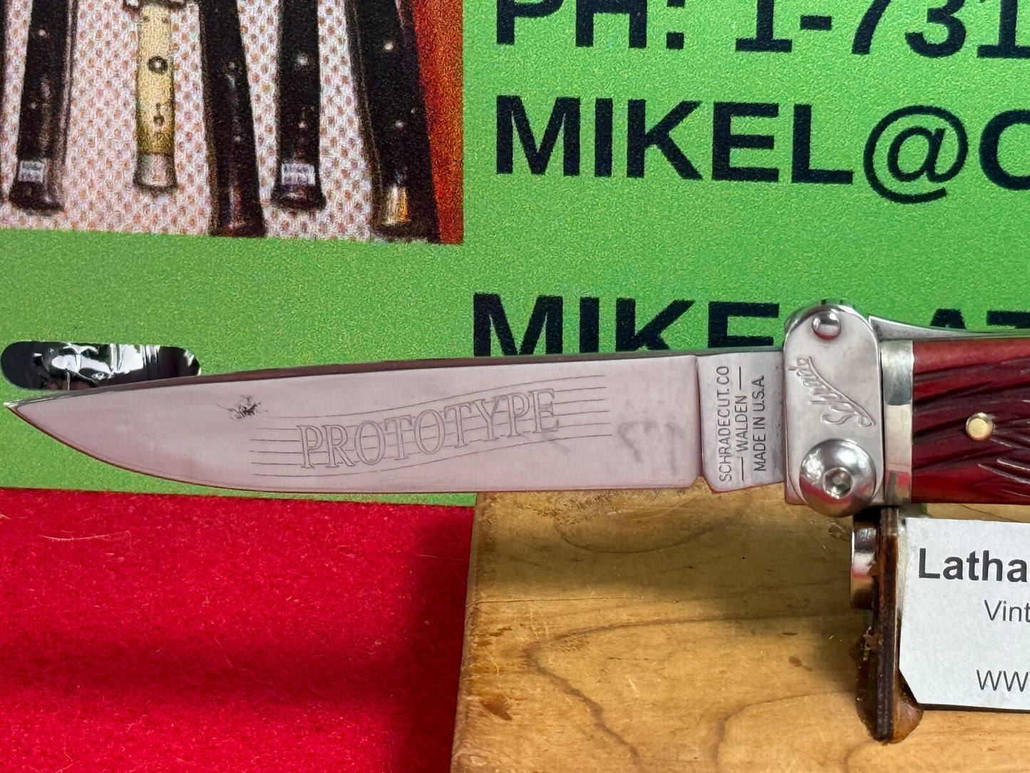 SCHRADE CUT CO. WALDEN N.Y. USA 2010 FIRE & ICE HUNTER LEVER AUTOMATIC PROTOTYPE AMERICAN AUTOMATIC KNIFE RED BONE HANDLES