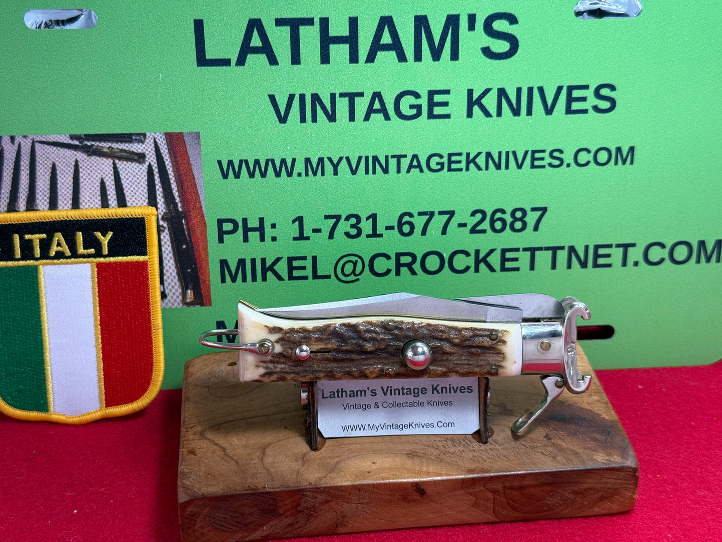 LEPRE ITALY 2015 HUNTER FULCRUM RELEASE WITH SHELL PULLER AND SAW BLADE ITALIAN AUTOMATIC KNIFE STAG HANDLES
