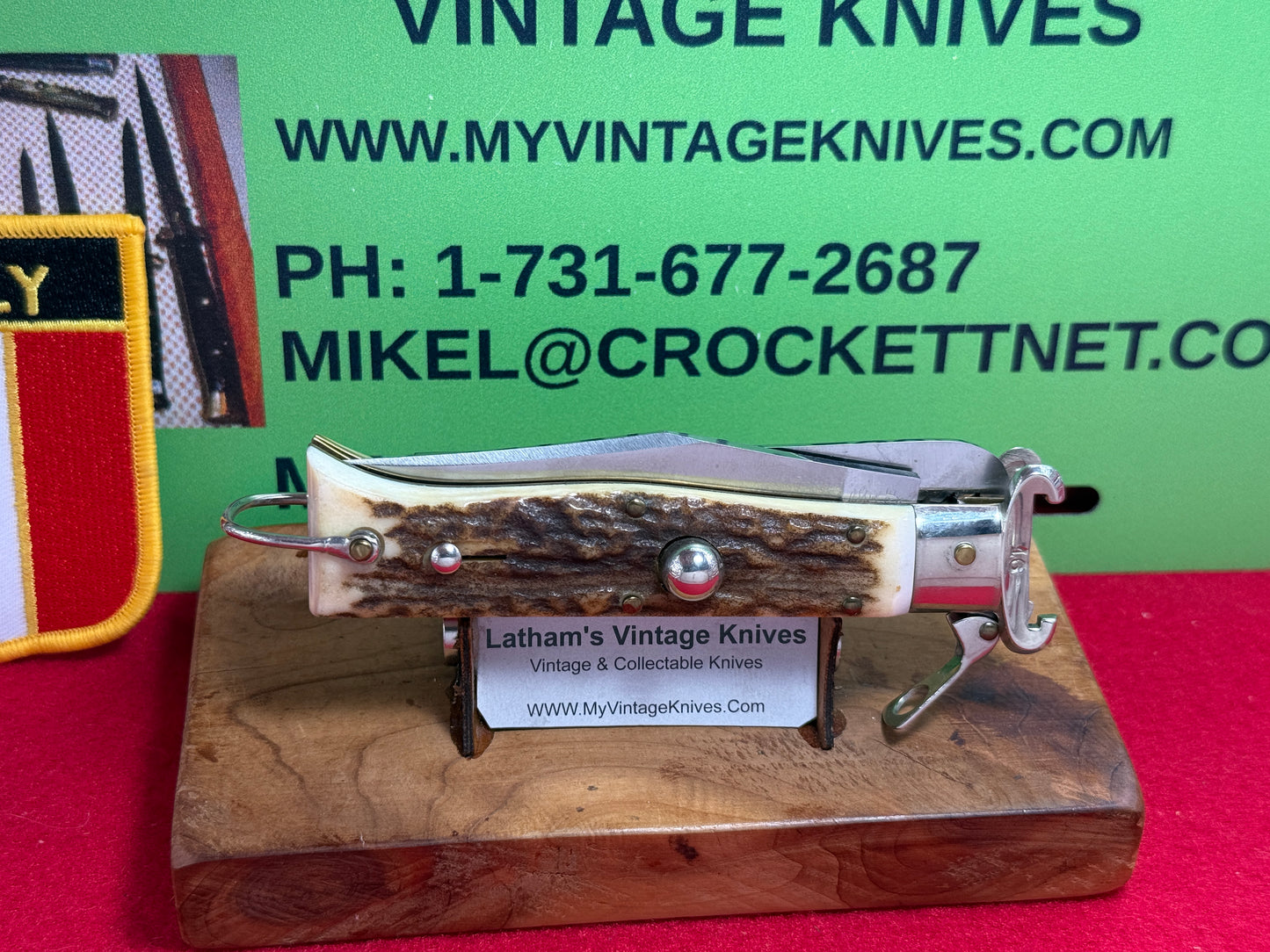 LEPRE ITALY 2015 HUNTER FULCRUM RELEASE WITH SHELL PULLER AND SAW BLADE ITALIAN AUTOMATIC KNIFE STAG HANDLES