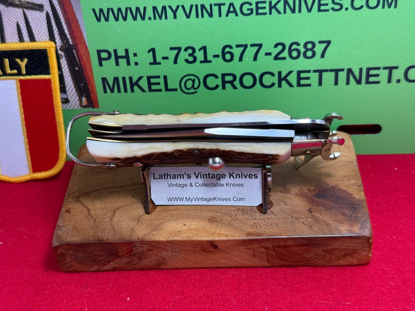 LEPRE ITALY 2015 HUNTER FULCRUM RELEASE WITH SHELL PULLER AND SAW BLADE ITALIAN AUTOMATIC KNIFE STAG HANDLES