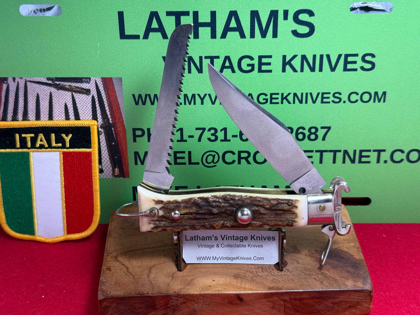 LEPRE ITALY 2015 HUNTER FULCRUM RELEASE WITH SHELL PULLER AND SAW BLADE ITALIAN AUTOMATIC KNIFE STAG HANDLES