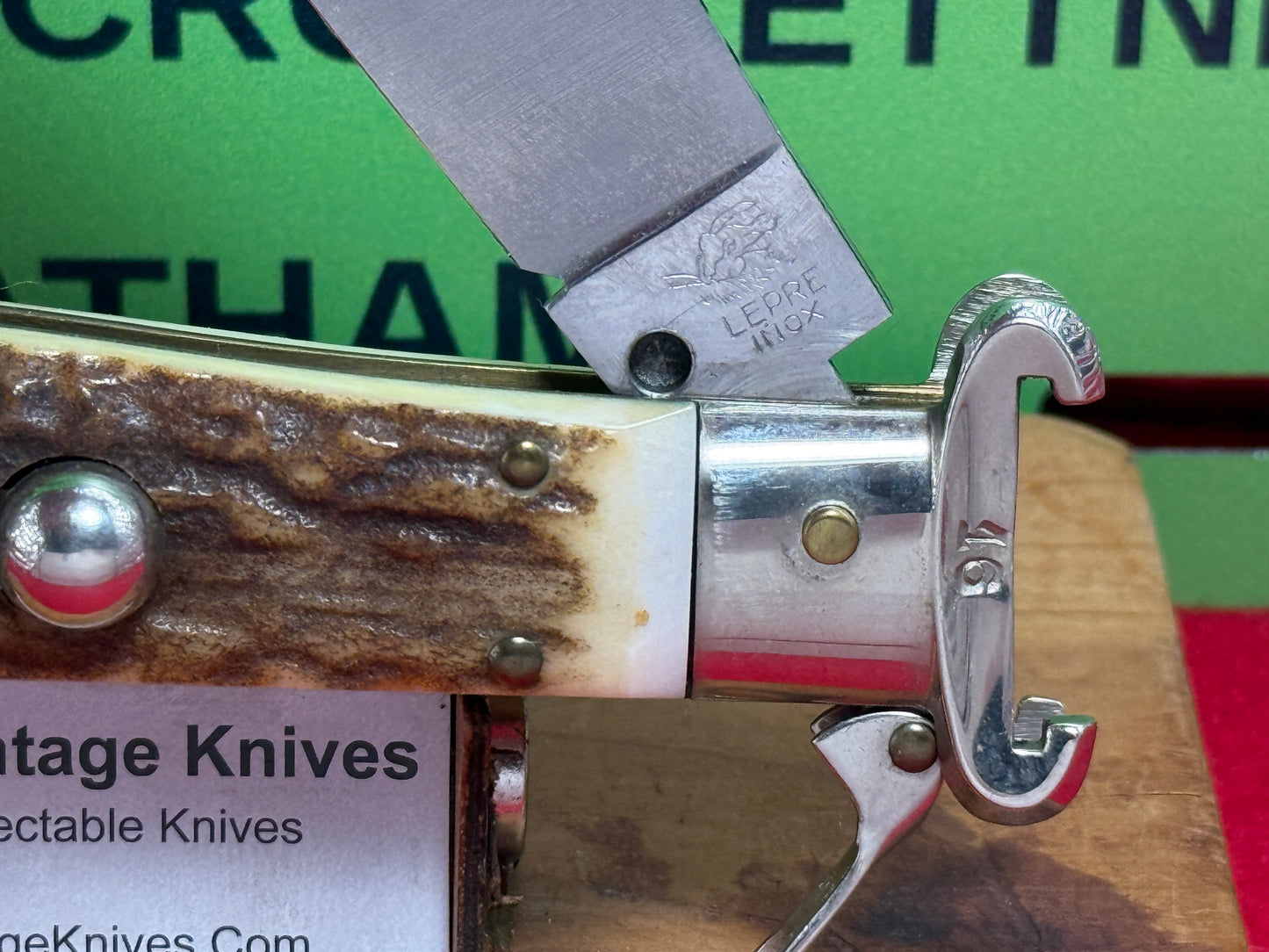 LEPRE ITALY 2015 HUNTER FULCRUM RELEASE WITH SHELL PULLER AND SAW BLADE ITALIAN AUTOMATIC KNIFE STAG HANDLES