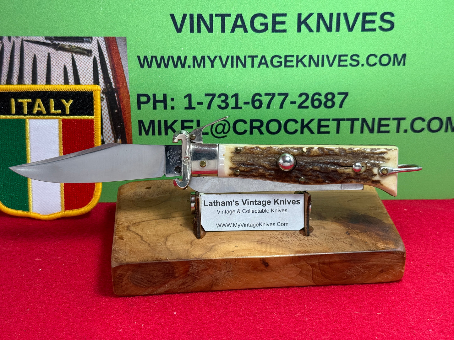 LEPRE ITALY 2015 HUNTER FULCRUM RELEASE WITH SHELL PULLER AND SAW BLADE ITALIAN AUTOMATIC KNIFE STAG HANDLES