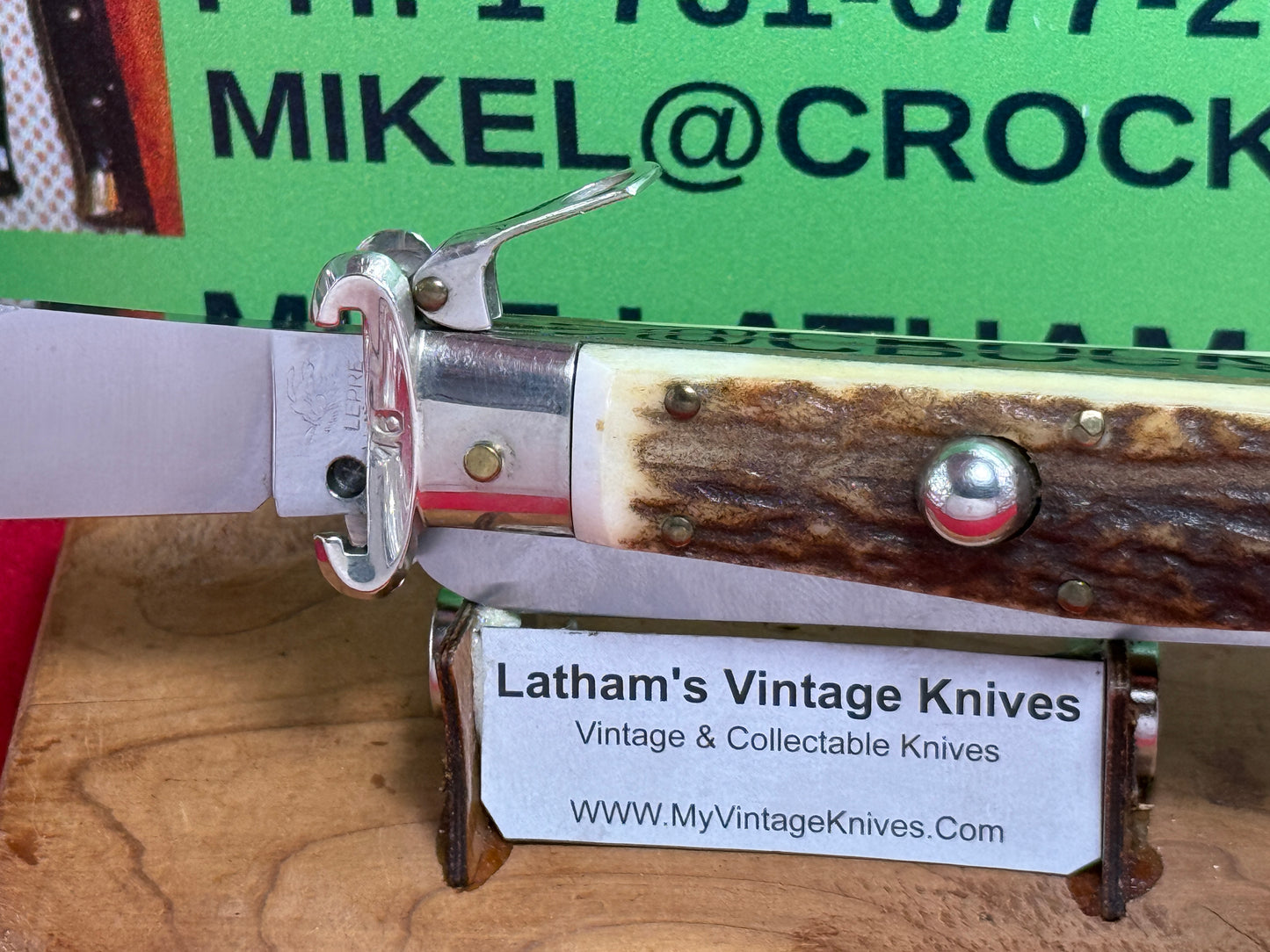 LEPRE ITALY 2015 HUNTER FULCRUM RELEASE WITH SHELL PULLER AND SAW BLADE ITALIAN AUTOMATIC KNIFE STAG HANDLES