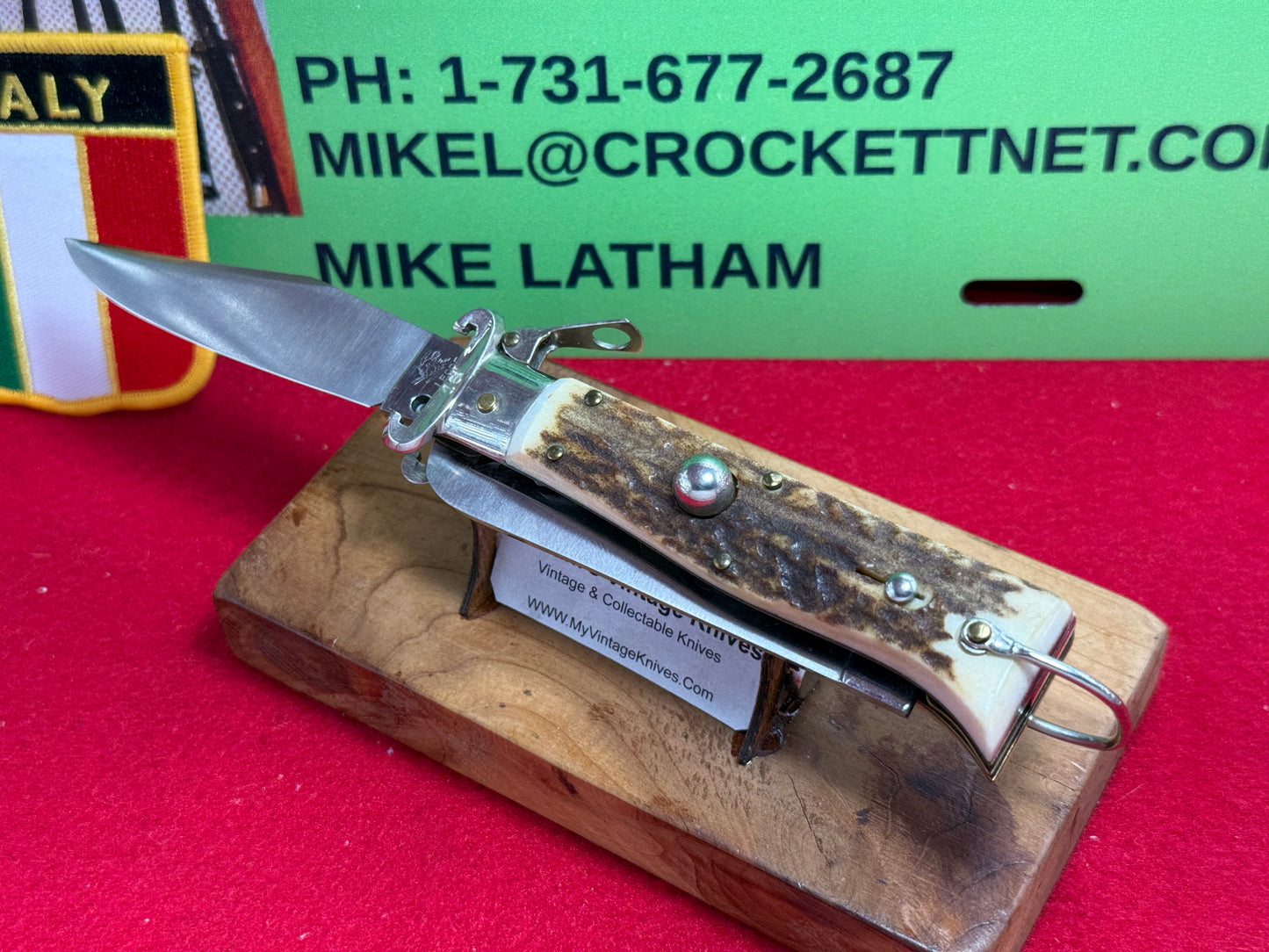 LEPRE ITALY 2015 HUNTER FULCRUM RELEASE WITH SHELL PULLER AND SAW BLADE ITALIAN AUTOMATIC KNIFE STAG HANDLES