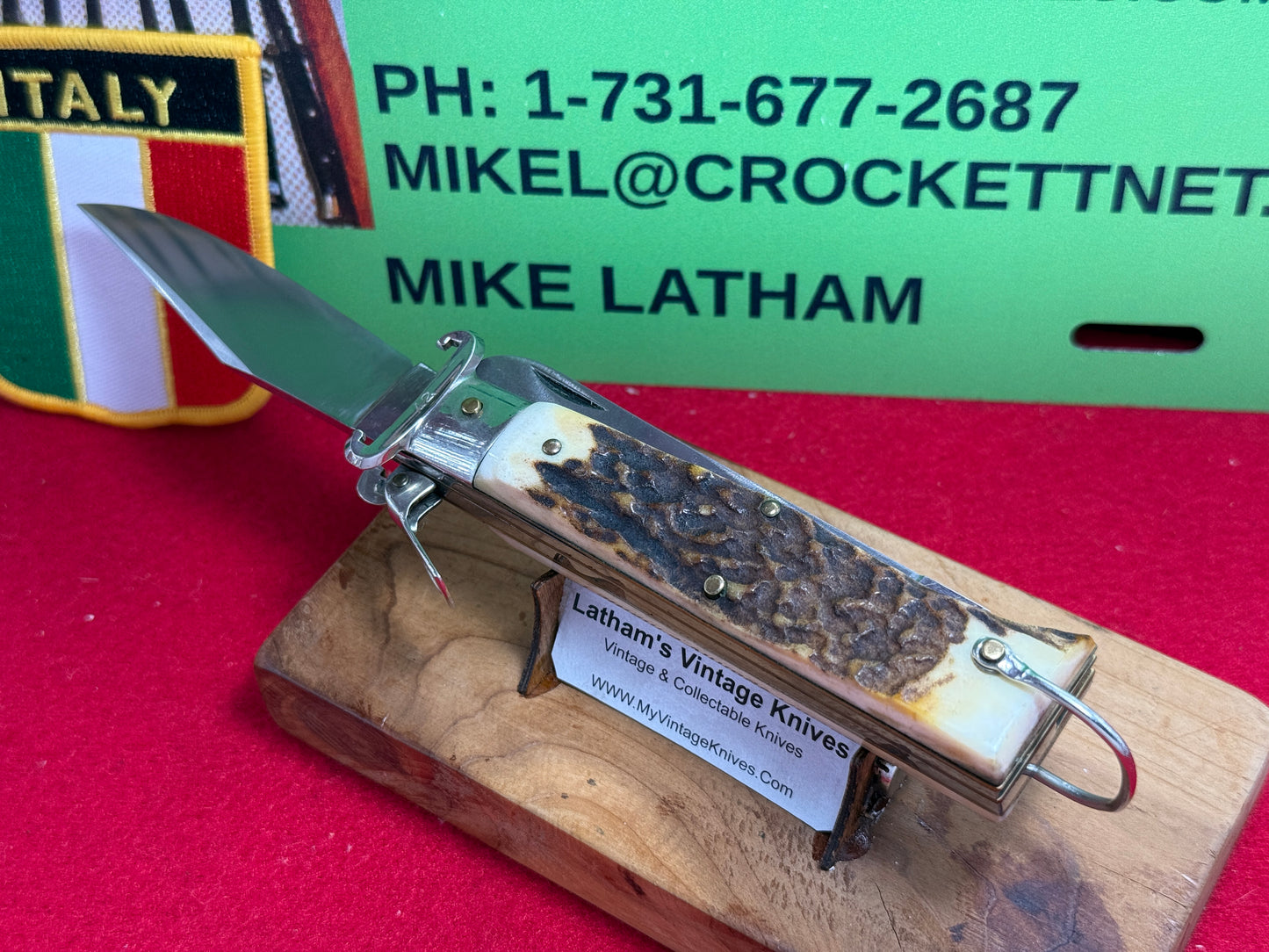 LEPRE ITALY 2015 HUNTER FULCRUM RELEASE WITH SHELL PULLER AND SAW BLADE ITALIAN AUTOMATIC KNIFE STAG HANDLES