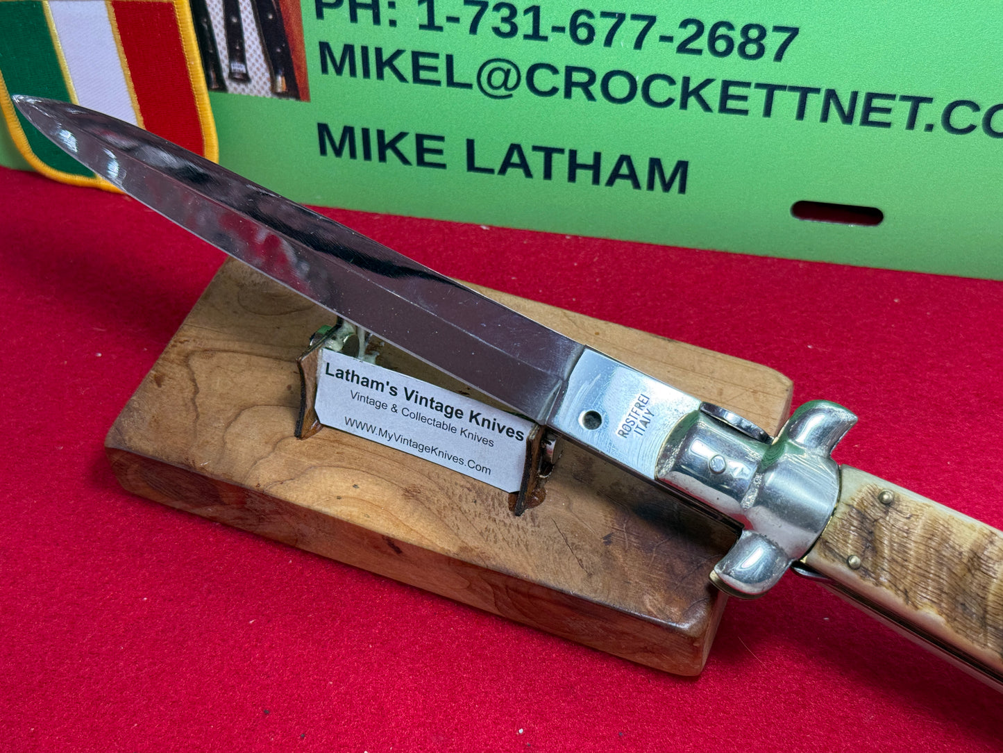 ROSTFREI ITALY 2005-2010 SWIVEL BOLSTER DAGGER BLADE STILETTO "NO SAFETY" 38 CM ITALIAN AUTOMATIC KNIFE RAMS HORN HANDLES